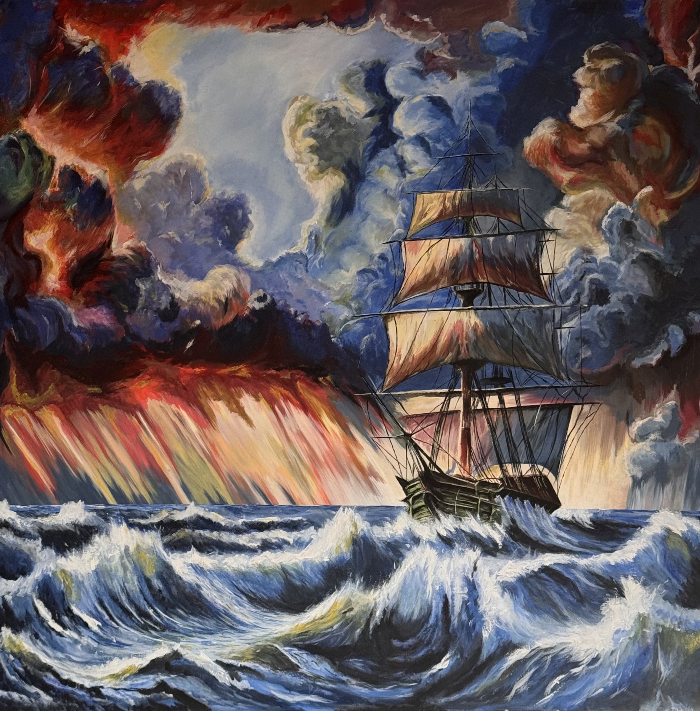 Ein Segelschiff auf hohen blauen Wellen unter mächtigen Sturmwolken und rotgoldenen Lichtstrahlen.